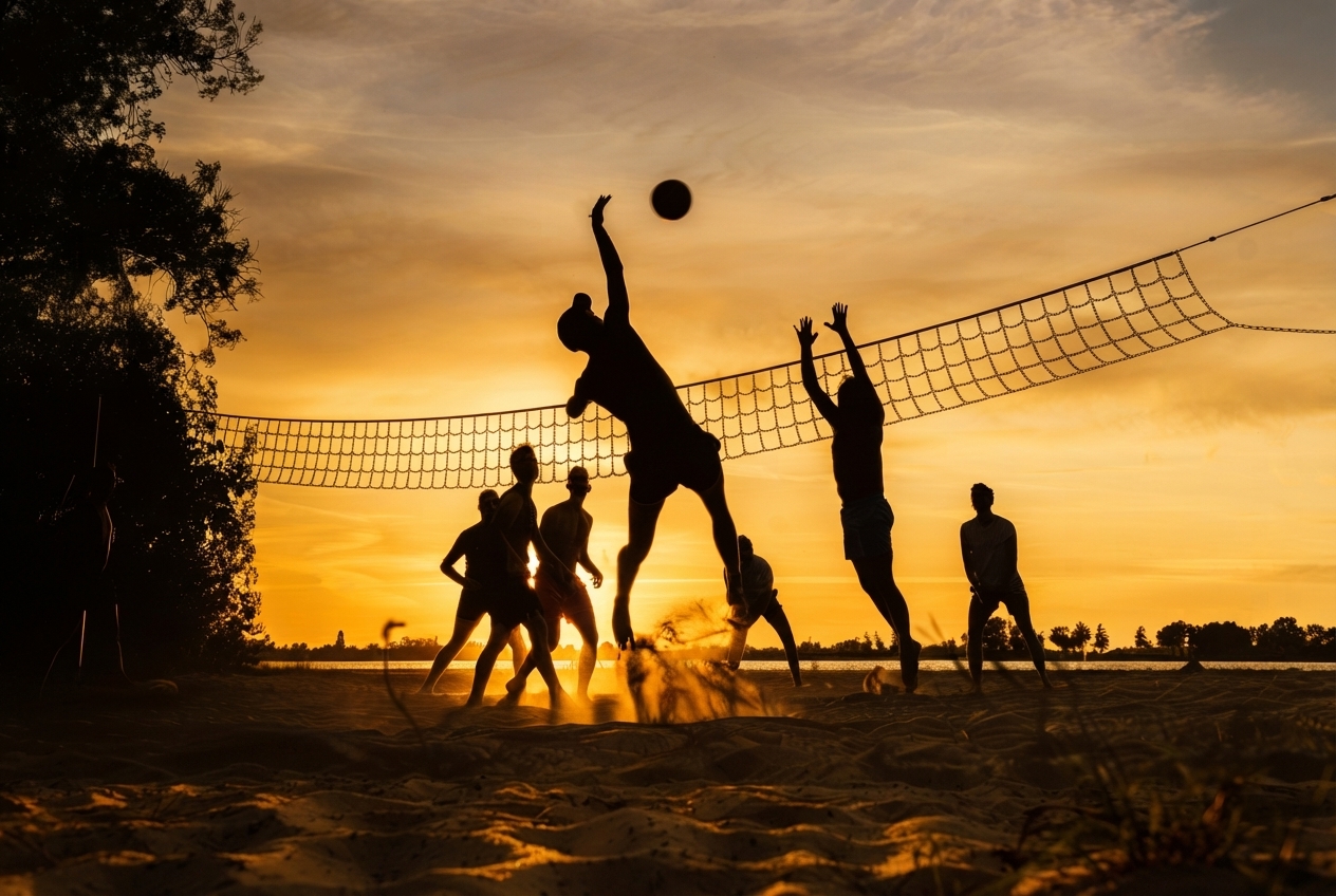 Friends playing beach volleyball at sunset