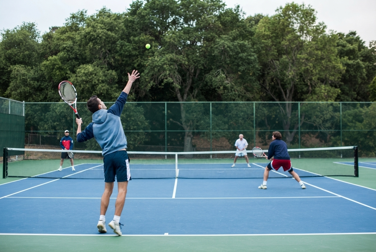 Players enjoying a doubles tennis match on an outdoor court
